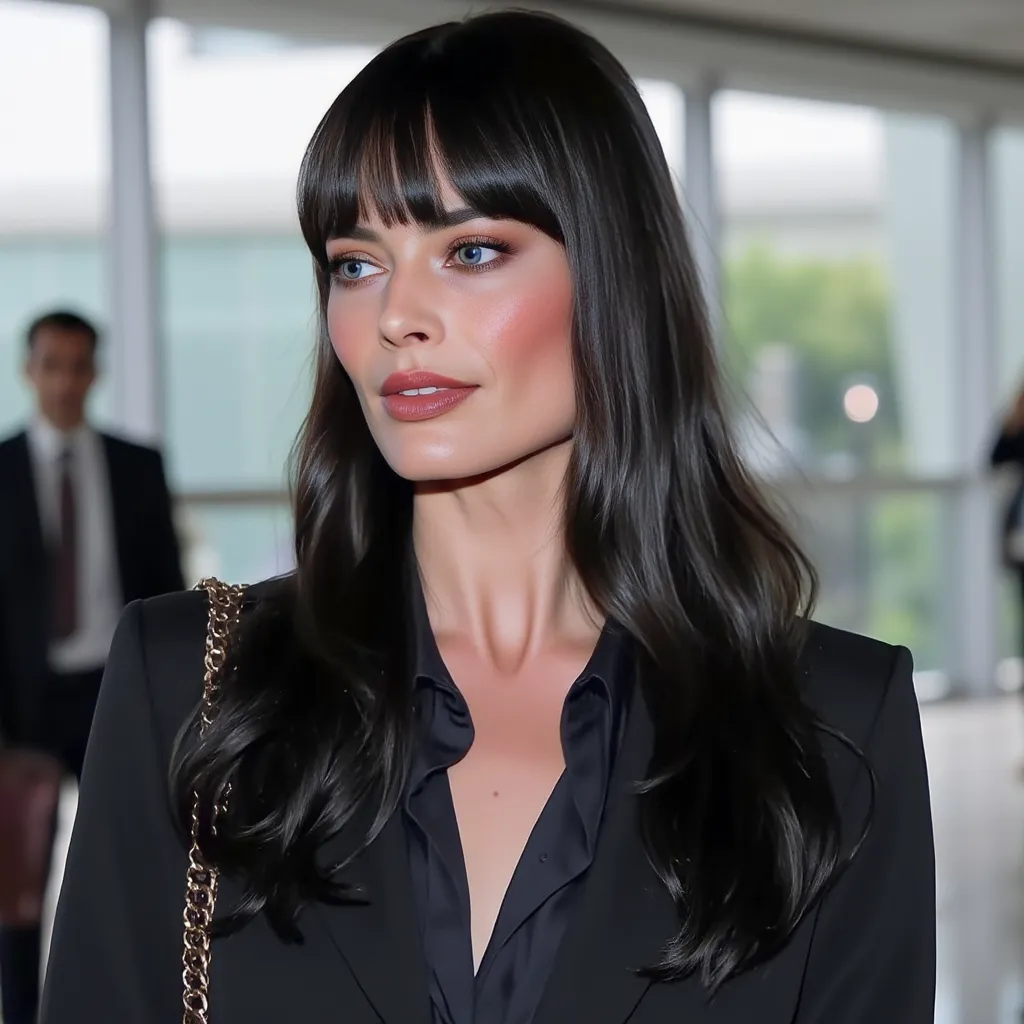 margotrobbie, Margot Robble straight long black hair and bangs, leaving bangkok airport, airport inside