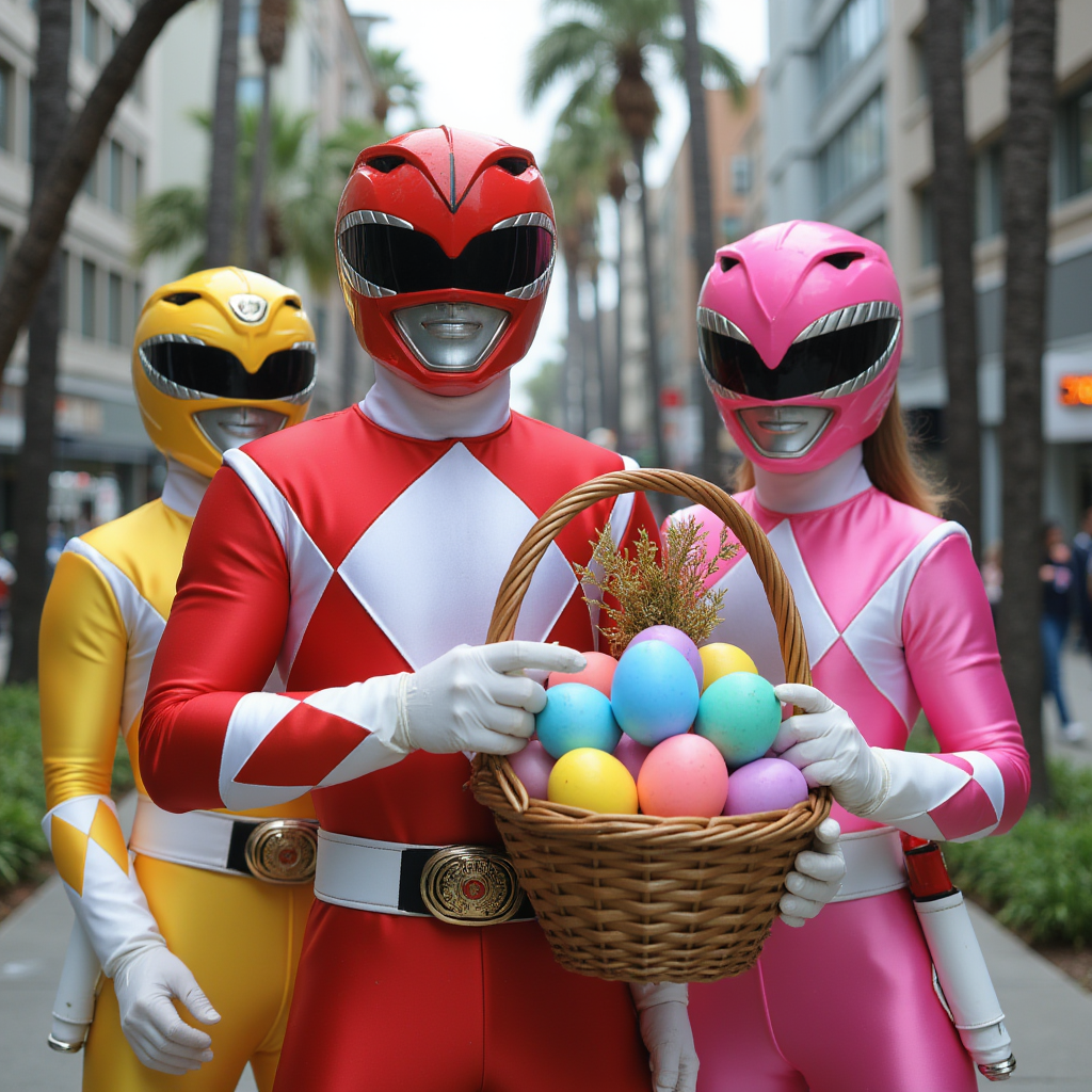 MMPR, The Power Rangers wish you a happy easter day, he's holding an basket filled with an colorful power ranger easter eggs. Angel Grove Los Angeles city,