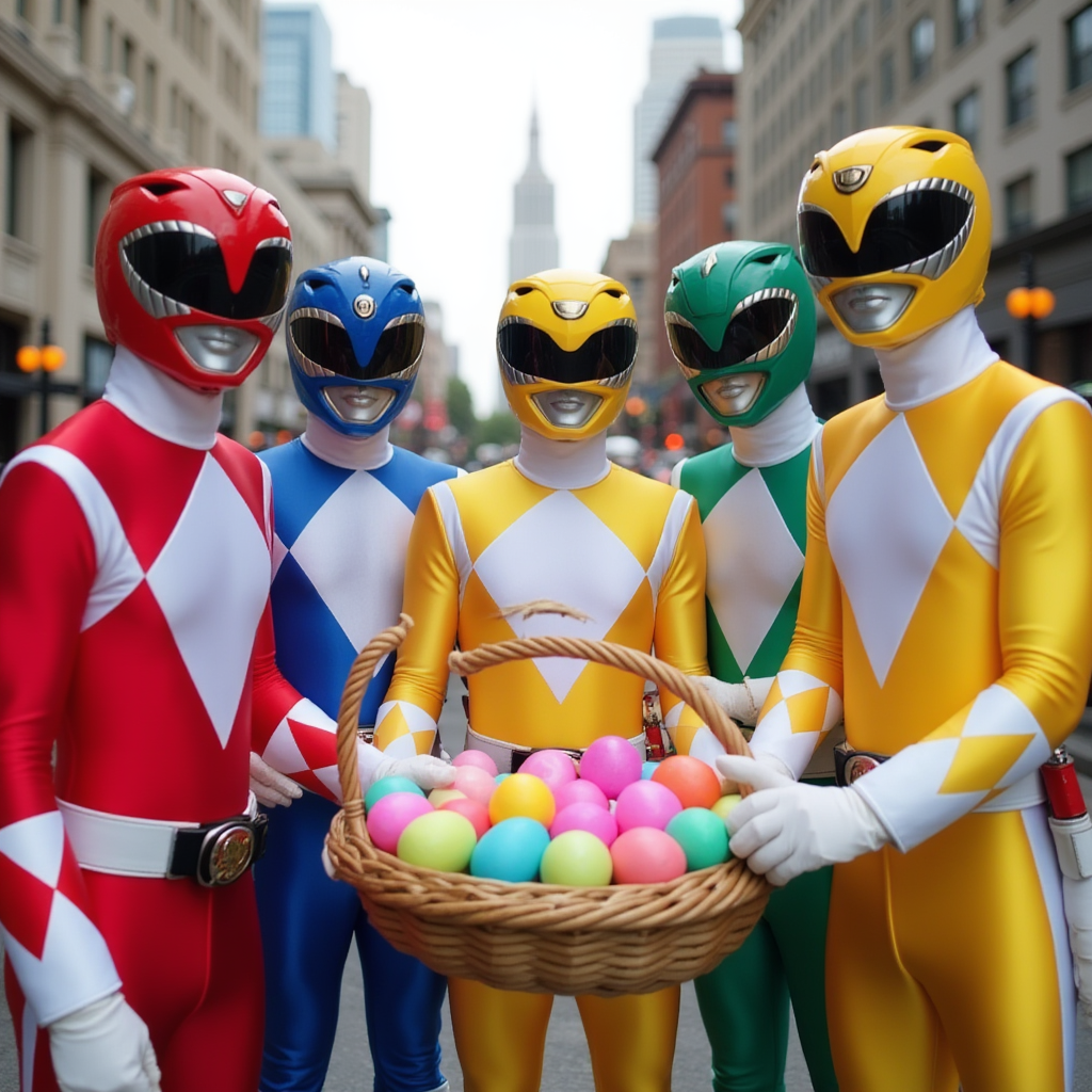 MMPR, The Six Red, Black, Blue, Green, Yellow and Pink Power Rangers wish you a happy easter day, they're holding an basket filled with an colorful power ranger easter eggs. Angel Grove Los Angeles city,