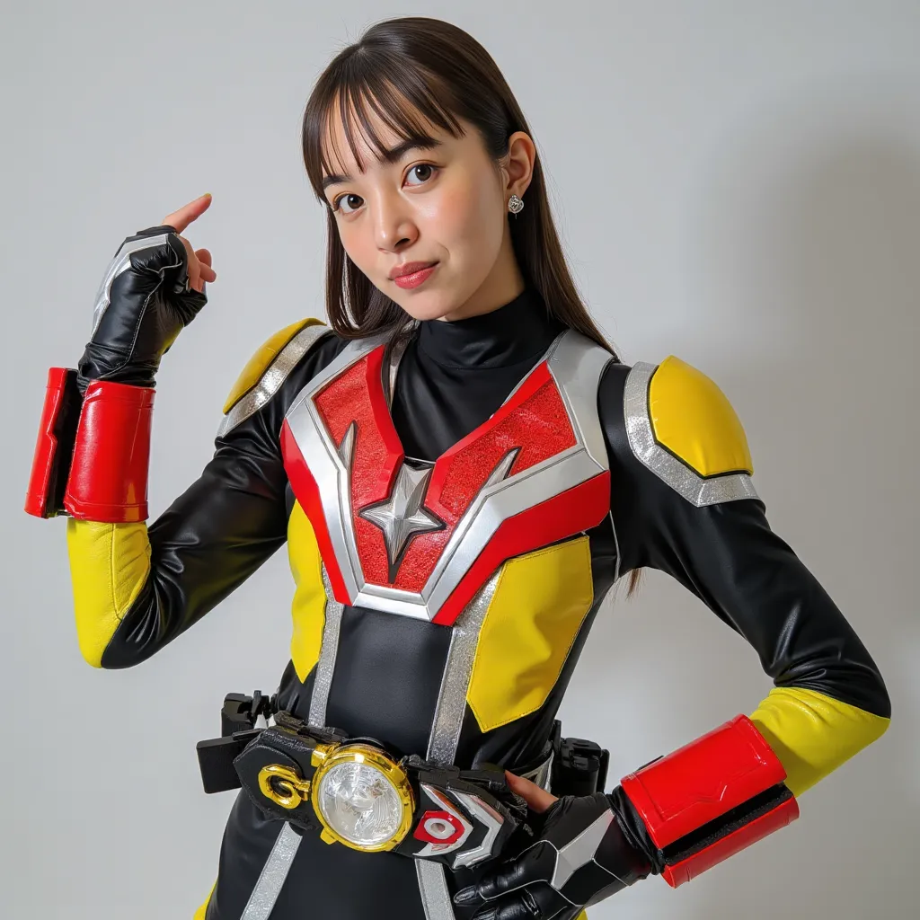 Photoshoot of Hiroe Igeta, woman, female, solo, Zero One, wearing a kamen rider suit, fighting pose, medium shot.