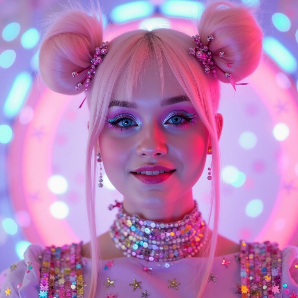 A close-up shot of Gabriela Skyrpan, a vibrant female popstar with an enchanting kawaii aesthetic, featuring pastel pink hair styled in playful twin buns adorned with sparkling hairpins. Her large, expressive eyes are shimmering with colorful eye makeup, radiating a youthful energy. She wears a dazzling, sequin-embellished outfit that reflects her cheerful persona, showcasing cute motifs such as star and heart patterns. The setting is an upbeat, neon-lit studio with a soft focus on colorful backdrops, creating a whimsical environment filled with twinkling lights and floating bubbles. The mood is playful and energetic, evoking a sense of joy and celebration. The lighting is bright and cheerful, with bold colors like pink, aqua, and lavender dominating the scene, enhancing the kawaii theme. The artistic style is hyper-realistic, capturing every detail of her expressive features and the textured elements of her outfit.