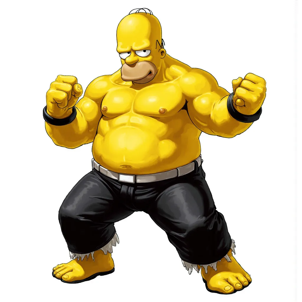 Character artwork from "The King of Fighters XIII", featuring  Homer Simpson with exaggerated muscular fighters pose appearance white background