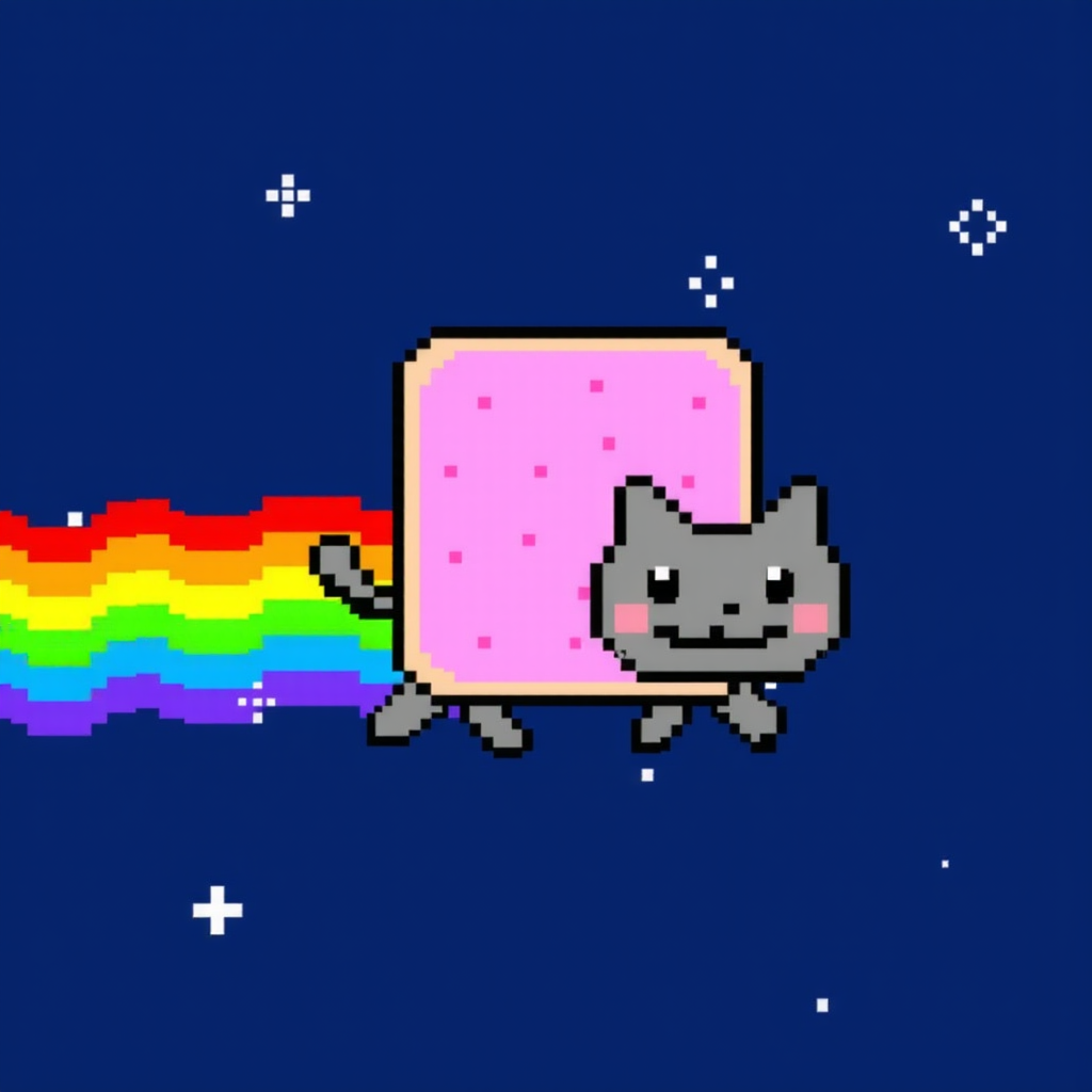 Nyan Cat: A pixelated cat with a gray face and Pop-Tart body flying through space, leaving a rainbow trail. The background is a dark blue with small stars scattered around. Face has a mouth (with teeth and a tongue) and two eyes. He can appear in most any color but his features remain black lines (except his mouth and teeth).