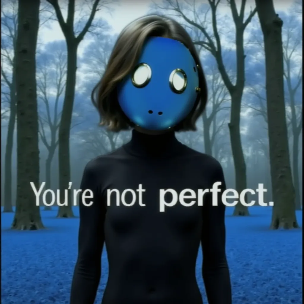 A girl, brown hair, wearing a black bodysuit and Nikkowatt mask, the mask is blue with circular eye openings and appears to be mechanical or futuristic in design, on a forest, with blue leaves. A large white text on photo says "You're not perfect"
