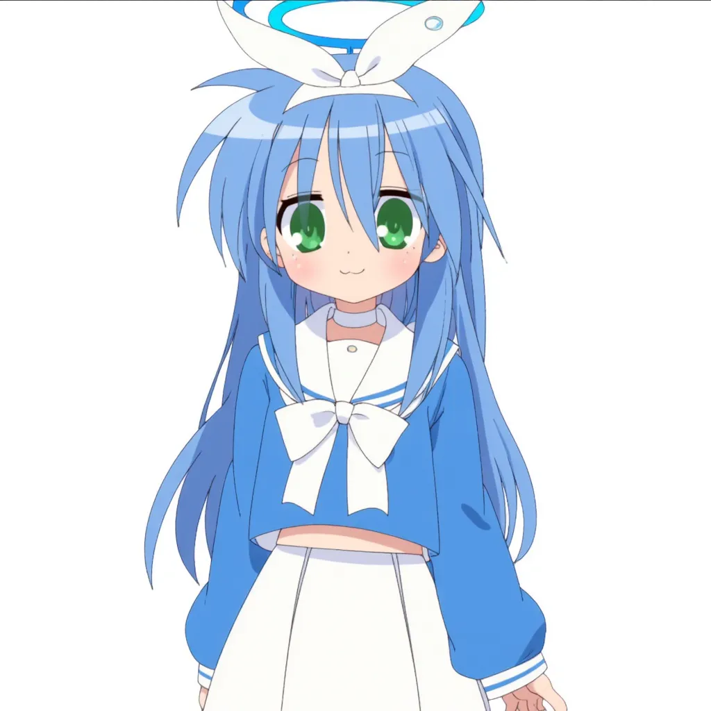 Konata Izumi from "Lucky Star", with long blue hair and large green eyes. She dressed as Arona from "Blue Archive", including a blue sailor-style long sleeved shirt with a prominent white bow, a white choker, and a white skirt. She also wears a white headband with big white bow. There is a blue halo floating above her head. Her expression is happy and smiley, and looking at the viewer. The background is simple white.