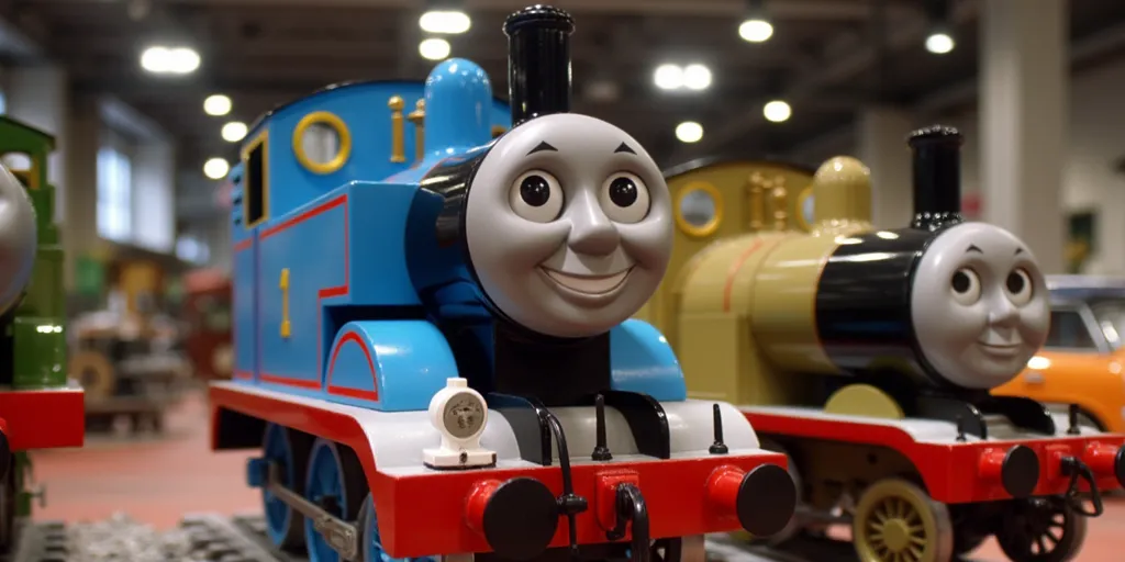 Thomas The Tank Engine on display in a museum, smiling