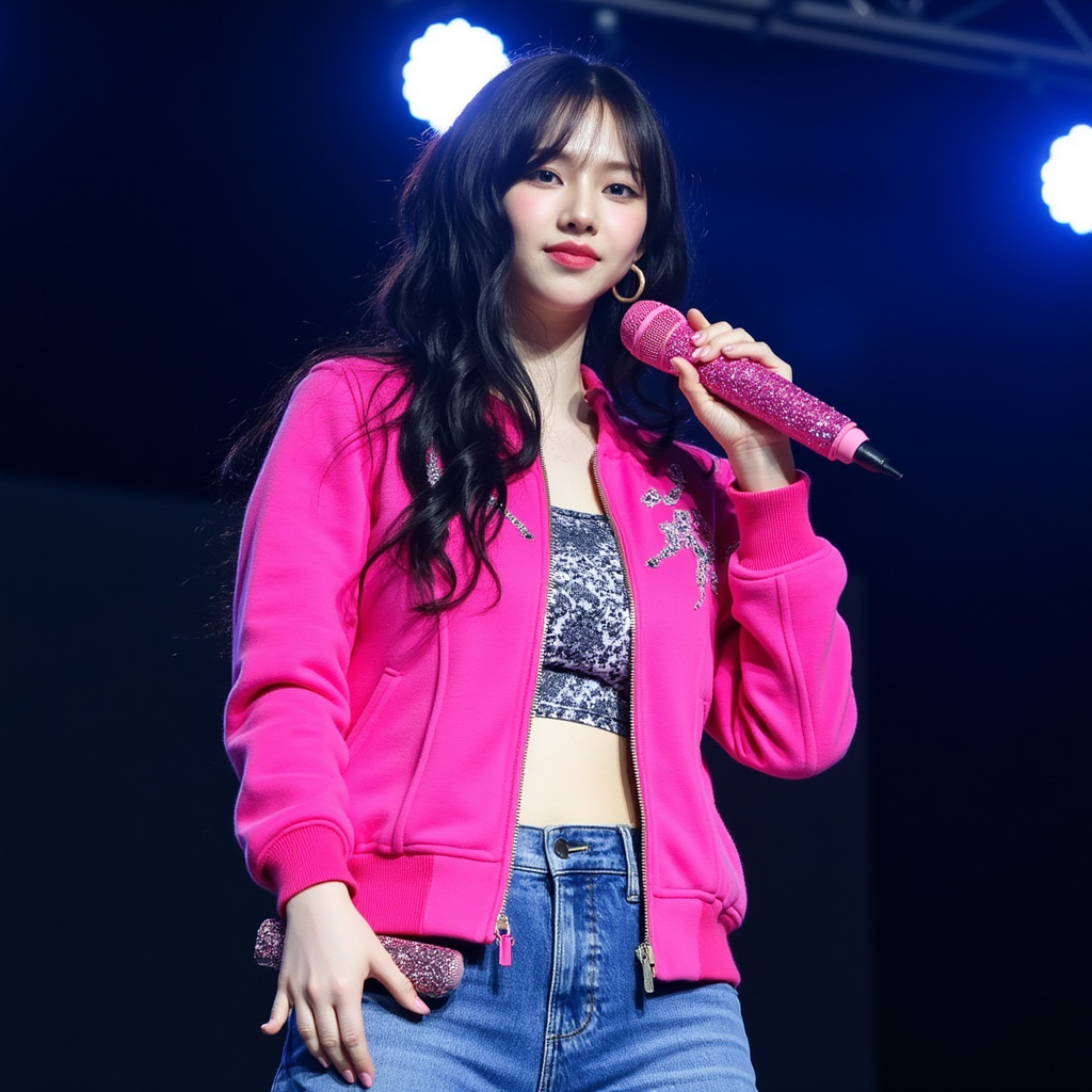 Karina from aespa performing at the 'SYNK: PARALLEL LINE' event in Newark. She is wearing a vibrant pink zip-up jacket with embellished designs, paired with casual blue jeans. Her hair is styled in loose waves, and she holds a sparkly pink microphone in hand. The spotlight from above illuminates her, creating a dramatic stage presence. The overall outfit exudes a trendy, relaxed vibe, complementing her charismatic performance style.