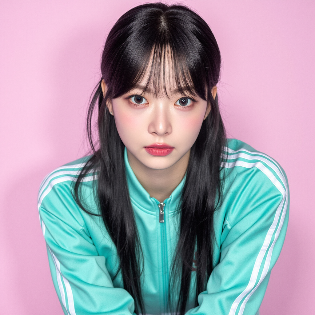 eun3hae,Black long bangs hair,from the show squid game teal tracksuit with white stripes on Shoulders, she set against a light Pink background,looking drectly to the camera