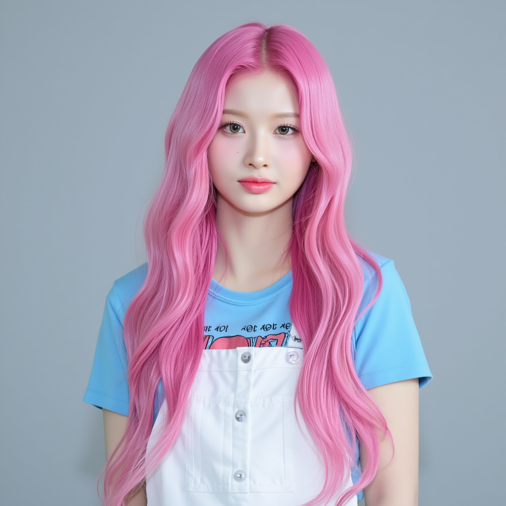 Sullyoon,Pink long hair, blue sleeved top, white overalls, portrait, Real life