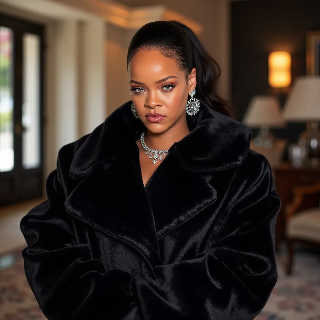 Rih Superstar, Rihanna, Ririh Rih Superstar, Singer Rihanna posing elegantly in a modern indoor setting, top lobby professional photography, fashion portrait, high fashion editorial, Vogue night Midnight background magazine style, enhanced photography, sharp focus, DSLR camera, 35mm lens, , natural lighting, vibrant colors, high resolution, HDR, professional retouching, glossy finish.Rih Superstar, Singer Rihanna posing for a photo, with her eyes focused, transmitting power and empowerment, with a very furry oversized fur coat all closed, the singer with diamond earrings and necklace, transmitting a lot of confidence and beauty. Hyper realistic photography And the photography with a very wide background, the composition of the wide photo with the lens focusing on the background scenery and Rihanna dominating the image with all her ability to be the best model for the editorial Conceptual and fusophisticated, the facial details identical to the singer Rihanna currently, super realistic, image with Sha