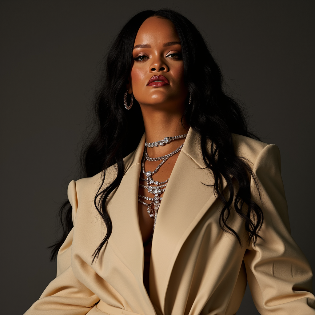 rihanana >rihanana Singer Rihanna photoshoot editorial style photograph realistic details facial identical to singer Rihanna with braids in her hair Wavy and powerful , wearing sophisticated oversized fashion suit clothes Large beige oversized style Sophisticated and striking styling impact luxury jewelry di Diamonds, with dark aesthetics and dark night, as editorial magazine vogue , posing style bad gal gangster Bros
