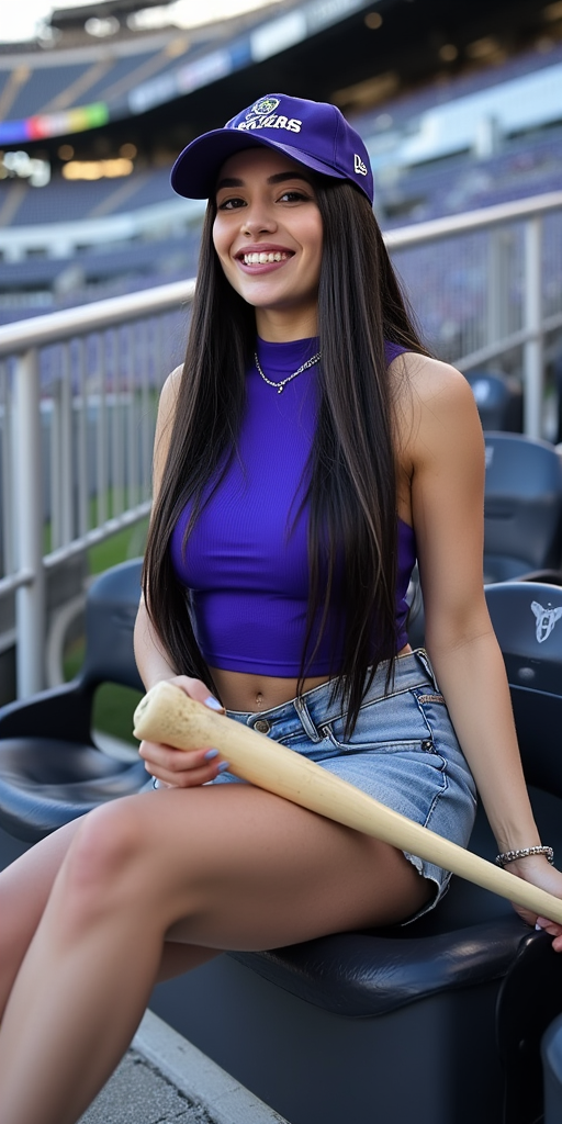 Ava Max with straight long hair, wearing fitted snapback hat, wearing earrings, wearing blue crop top, wearing tight cuffed hem denim shorts, wearing basketball shoes, sitting on the stadium seat, holding a phone to take a selfie, holding a baseball bat, one hand on one hip, Baltimore Ravens stadium, smile, side profile photograph, realistic style, studio lighting, medium telephoto lens, high resolution, 8K detail, natural light, (sharp focus:1.2), (HDR:1.1)