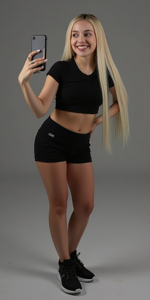 Ava Max with straight long hair, wearing earrings, wearing black short sleeve crop top, wearing black spandex yoga shorts, wearing basketball shoes, holding a phone to take a selfie, one hand on one hip, The Maryland Zoo, smile, side profile photograph, realistic style, studio lighting, medium telephoto lens, high resolution, 8K detail, natural light, (sharp focus:1.2), (HDR:1.1)