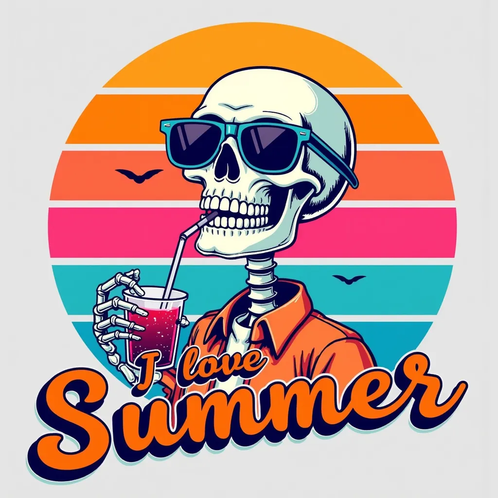 T-shirt design featuring a playful skeleton wearing sunglasses and a casual shirt, holding a drink with a straw. The background displays a vibrant sunset with orange, pink, and blue stripes, and silhouettes of birds flying. The phrase "I love Summer" is boldly written at the bottom in warm gradient colors, conveying a fun and relaxed summer vibe.