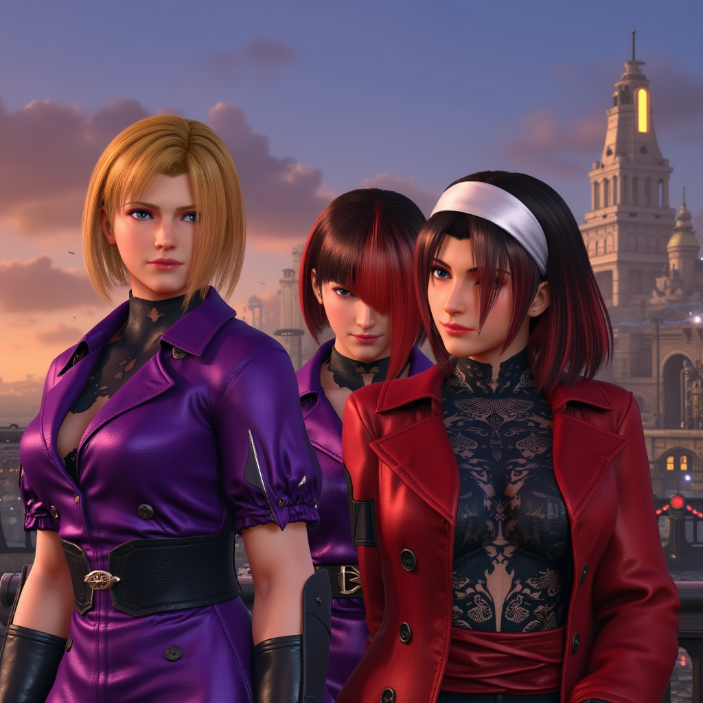 nina_anna_jun Nina Williams (adult woman, blonde short hair, blue eyes, purple and black clothing), Anna Williams (adult woman, black and red asymmetrical bob cut hair covering her left eye, blue eyes, red and black clothing) and Jun Kazama (adult woman with long black hair, white headband in her head, brown eyes) from Tekken 8, adult women greeting in the city at the dusk, Tekken 8 art style