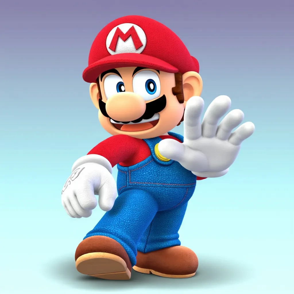 in the style of Super Smash Bros. Brawl, 3D, CGI, detailed, textured, Mario-kun, red cap, red shirt with long sleeves, blue overalls, white gloves, brown boots, smiling, posing, facing viewer, looking at viewer, 3D, CGI, textured, Blue and white gradient background.