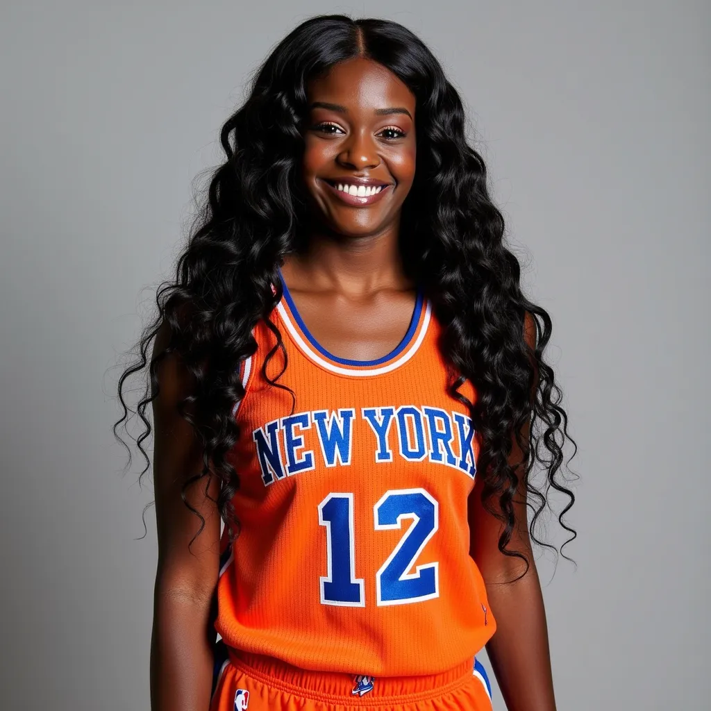 Azealia Banks with long curly hair, smiling on camera, wearing New York Knicks basketball jersey "#12", New York Knicks basketball shorts, gray background