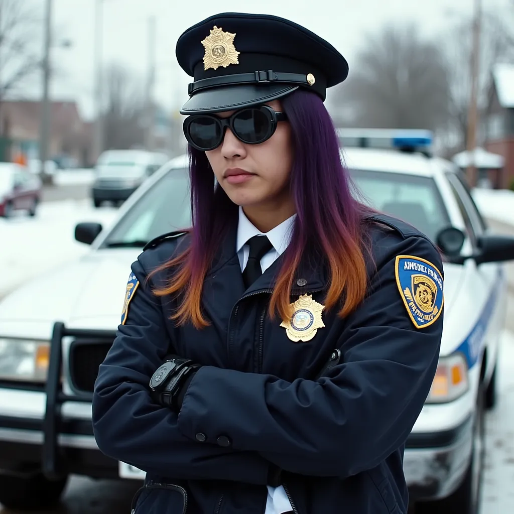 ARVEY with long dark purple hair, orange hair streaks, wearing sunglasses, wearing police hat, wearing police jacket, wearing police shirt and tie, wearing police gloves, wearing police pants, arms crossed, police car, winter, side profile photograph, realistic style, studio lighting, medium telephoto lens, high resolution, 8K detail, natural light, (sharp focus:1.2), (HDR:1.1)