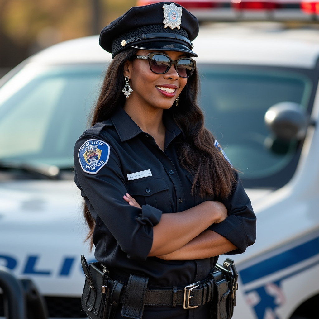 Donna Summer with straight long hair, wearing earrings, wearing sunglasses, wearing police hat, wearing police shirt, wearing police pants, wearing police boots, arms crossed, police car, smile, side profile photograph, realistic style, studio lighting, medium telephoto lens, high resolution, 8K detail, natural light, (sharp focus:1.2), (HDR:1.1)