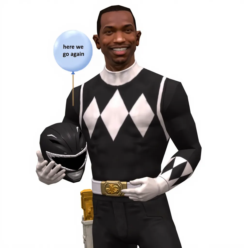Carl Johnson from the video game "Grand Theft Auto San Andreas" as the Black Ranger from Power Rangers. He is wearing a black and white ranger suit with diamond patterns and holding a matching helmet. The outfit includes a belt with a Power Morpher and a blaster holstered at the waist. He is smiling and posing against a plain white background, with a balloon saying "here we go again".