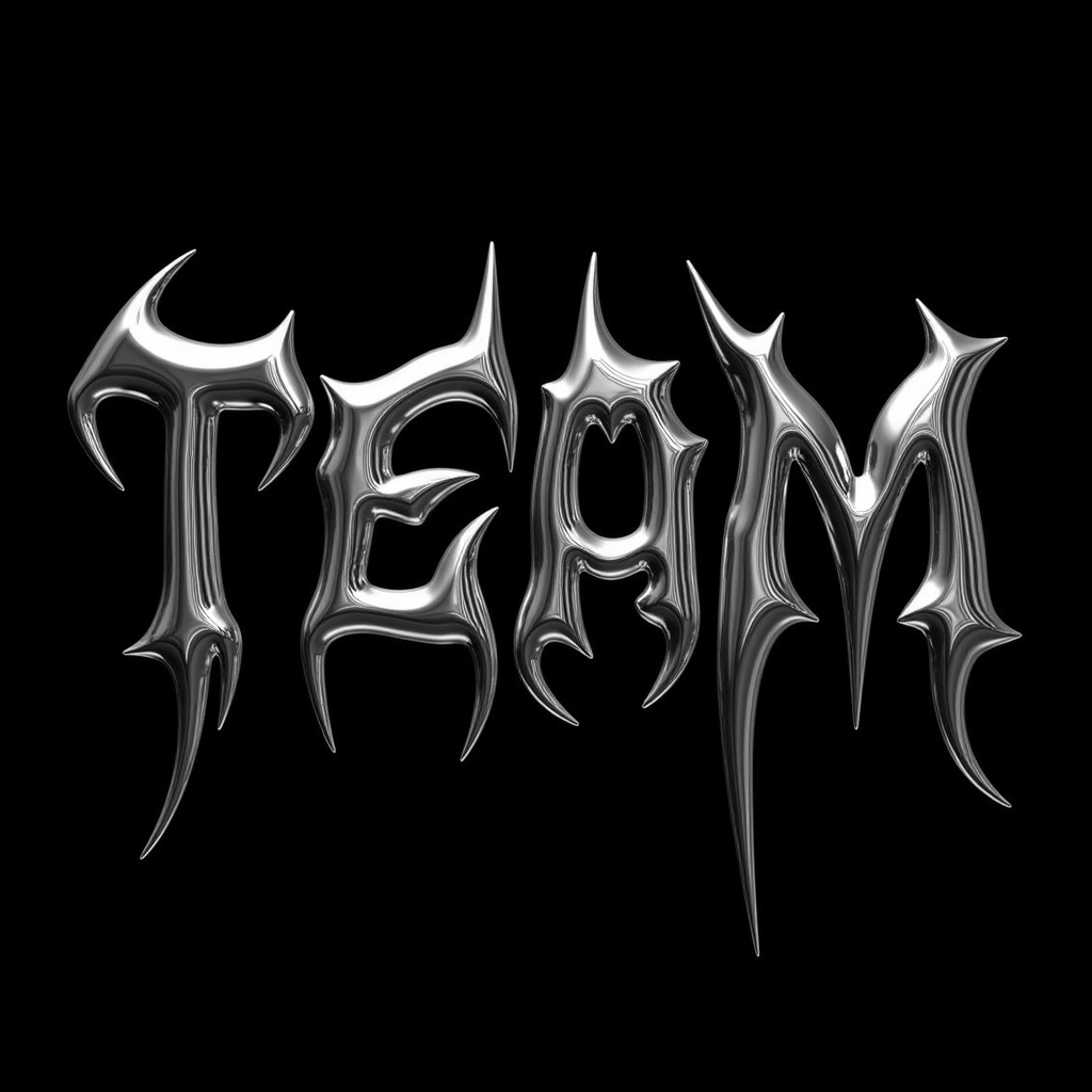 chrome Glass type , " TEAM M " text logo, black background