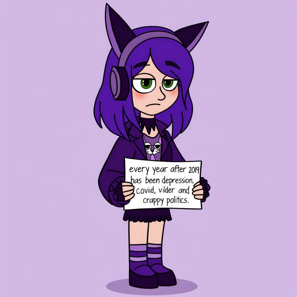 A cartoon-style character with purple hair and large, pointed headphones resembling ears. The character is wearing a purple outfit with a collar and fingerless gloves. They have green eyes. Their shirt features a stylized animal face. Striped socks or leggings match the overall color theme, sad, hold white sign reading "every year after 2019 has been depression, covid, and crappy politics"