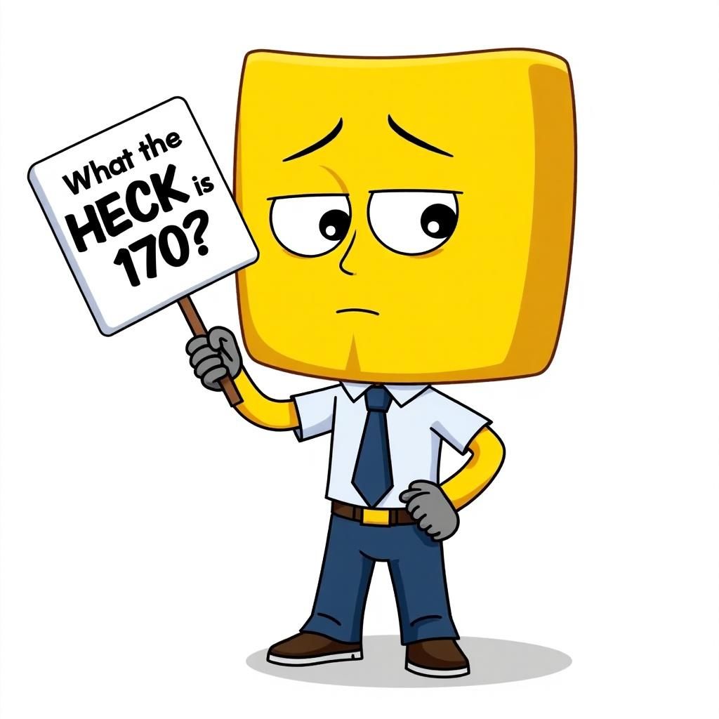 The cartoon character has a square, yellow face with droopy eyes wearing uniform holding sign reading “What the HECK is 170?”