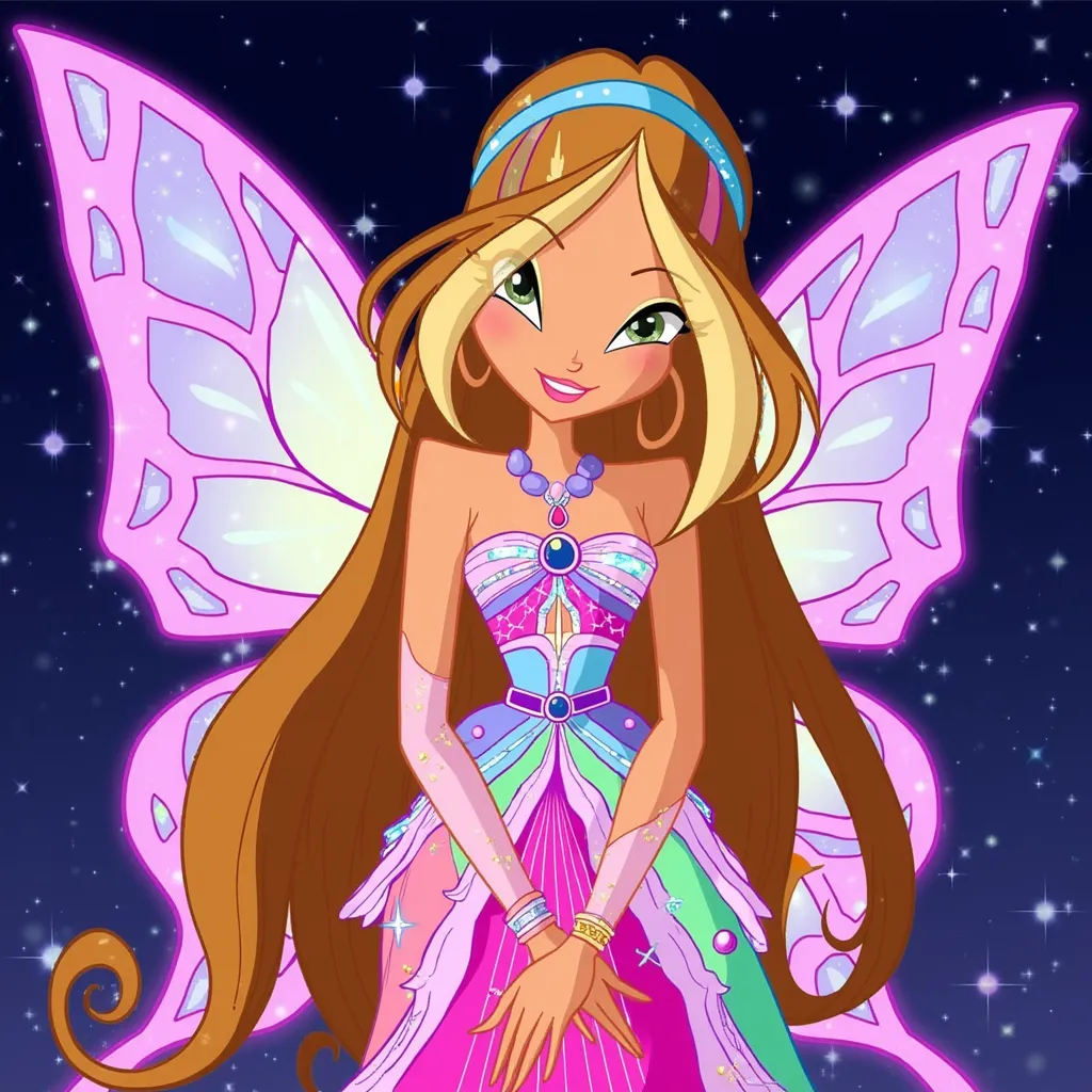 Flora from Winx Club depicted in a vibrant, animated style. She has long brown hair with blonde streaks, adorned with a blue headpiece. She wears a colorful, strapless dress in shades of pink, blue, and purple, with sparkling butterfly wings. She is standing kindly. The background is filled with twinkling stars, matching her enchanting appearance.