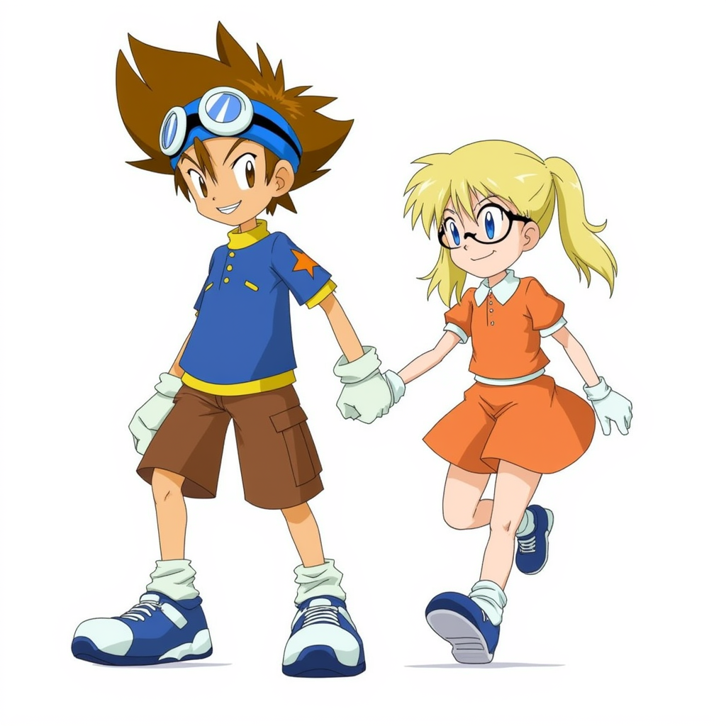 Tai Kamiya from Digimon Adventure: A young boy with spiky brown hair, wearing blue goggles on his head, a blue shirt with a star on the sleeve, brown shorts, and large blue and white sneakers. He has a confident expression and is wearing light-colored gloves and socks holding hands with a 10-year-old girl with blonde ponytail, blue eyes and glasses wearing an orange puffy short-sleeved dress with white collar and white belt on her short orange skirt, white long socks and blue Mary Jane shoes walking and smiling.