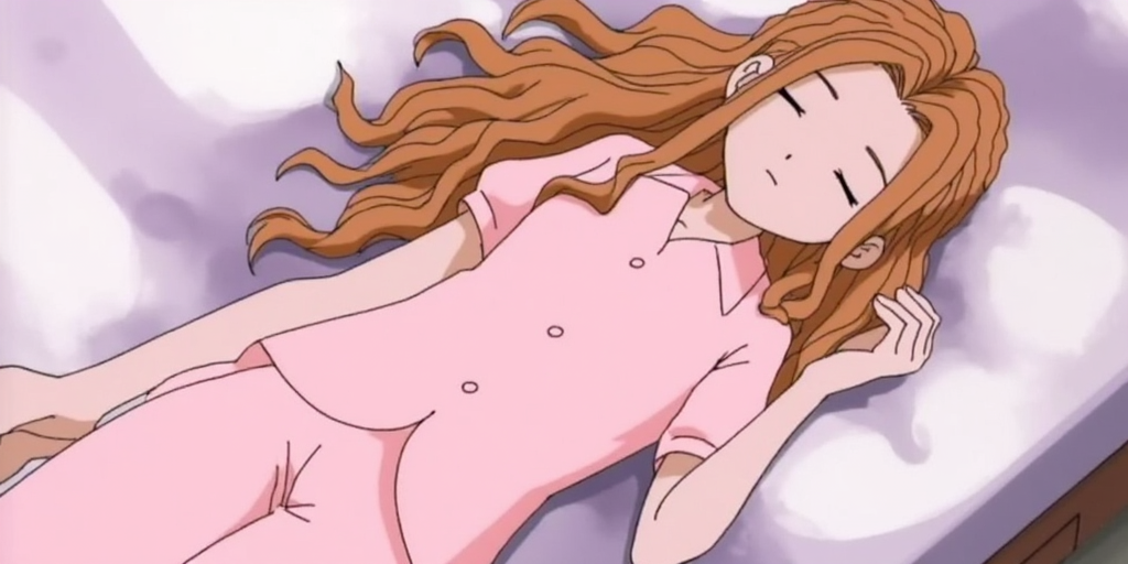 Mimi Tachikawa from Digimon Adventure lying down with her eyes closed. She has long, wavy brown hair and is wearing a light pink pajama set.