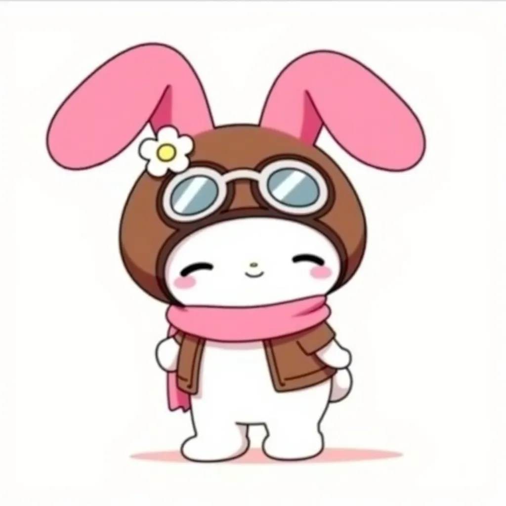 is a white rabbit who wears a brown leather pilot helmet with goggles over her pink hood & has 1 white flower on her right ear. The pink ears themselves are often curved down forwards & are poking put of her helmet. She also wears a brown leather pilot jacket with a pink scarf & has a cute pose & happy expression. The art is in style of Onegai My Melody.