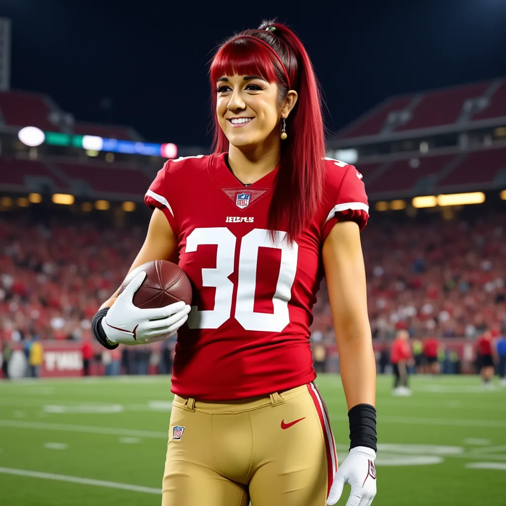 Bayley with straight long red hair and bangs, wearing earrings, wearing San Francisco 49ers american football jersey "#30", wearing San Francisco 49ers american football pants, wearing american football shoes, wearing american football gloves, holding a american football, american football stadium, female, smile, night, side profile photograph, realistic style, studio lighting, medium telephoto lens, high resolution, 8K detail, natural light, (sharp focus:1.2), (HDR:1.1)