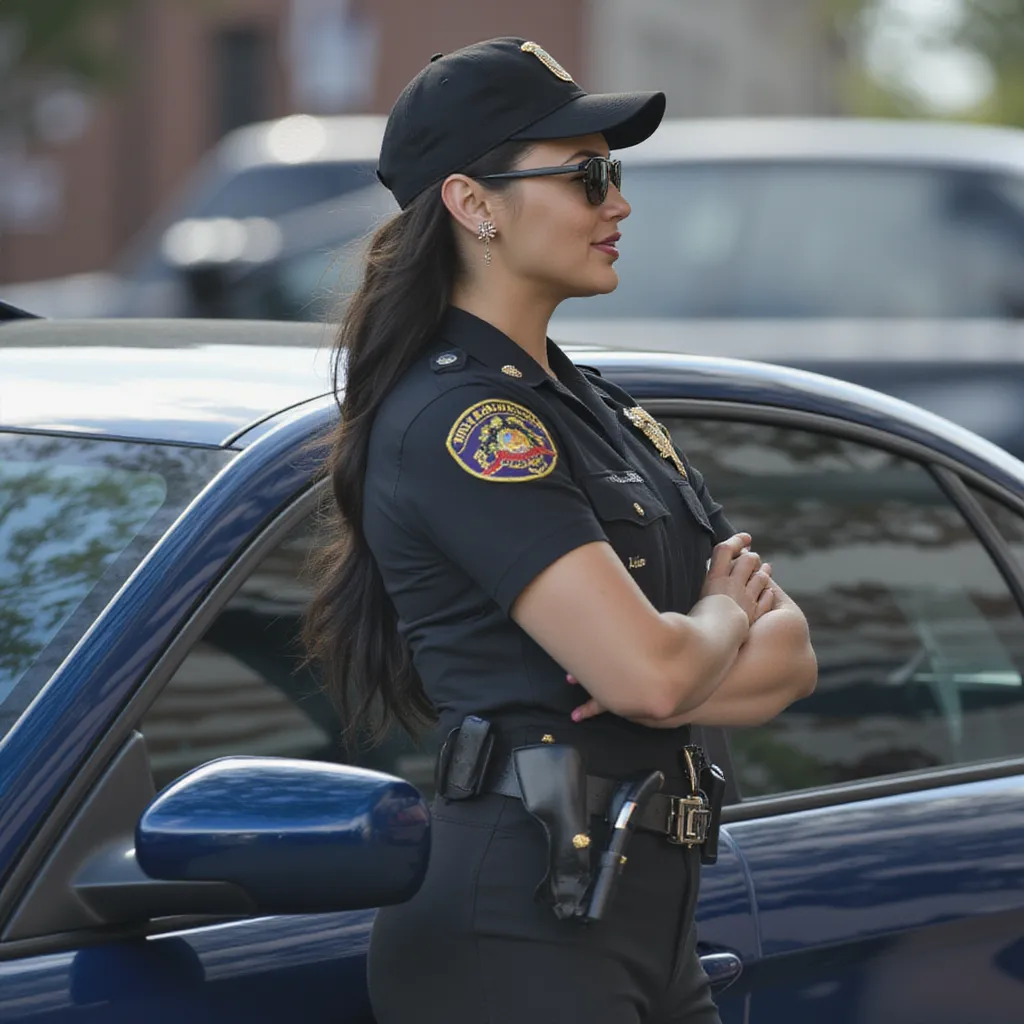 Gal Gadot with straight long hair, wearing earrings, wearing sunglasses, wearing police hat, wearing police shirt, wearing police pants, wearing police boots, arms crossed, police car, female, smile, side profile photograph, realistic style, studio lighting, medium telephoto lens, high resolution, 8K detail, natural light, (sharp focus:1.2), (HDR:1.1)