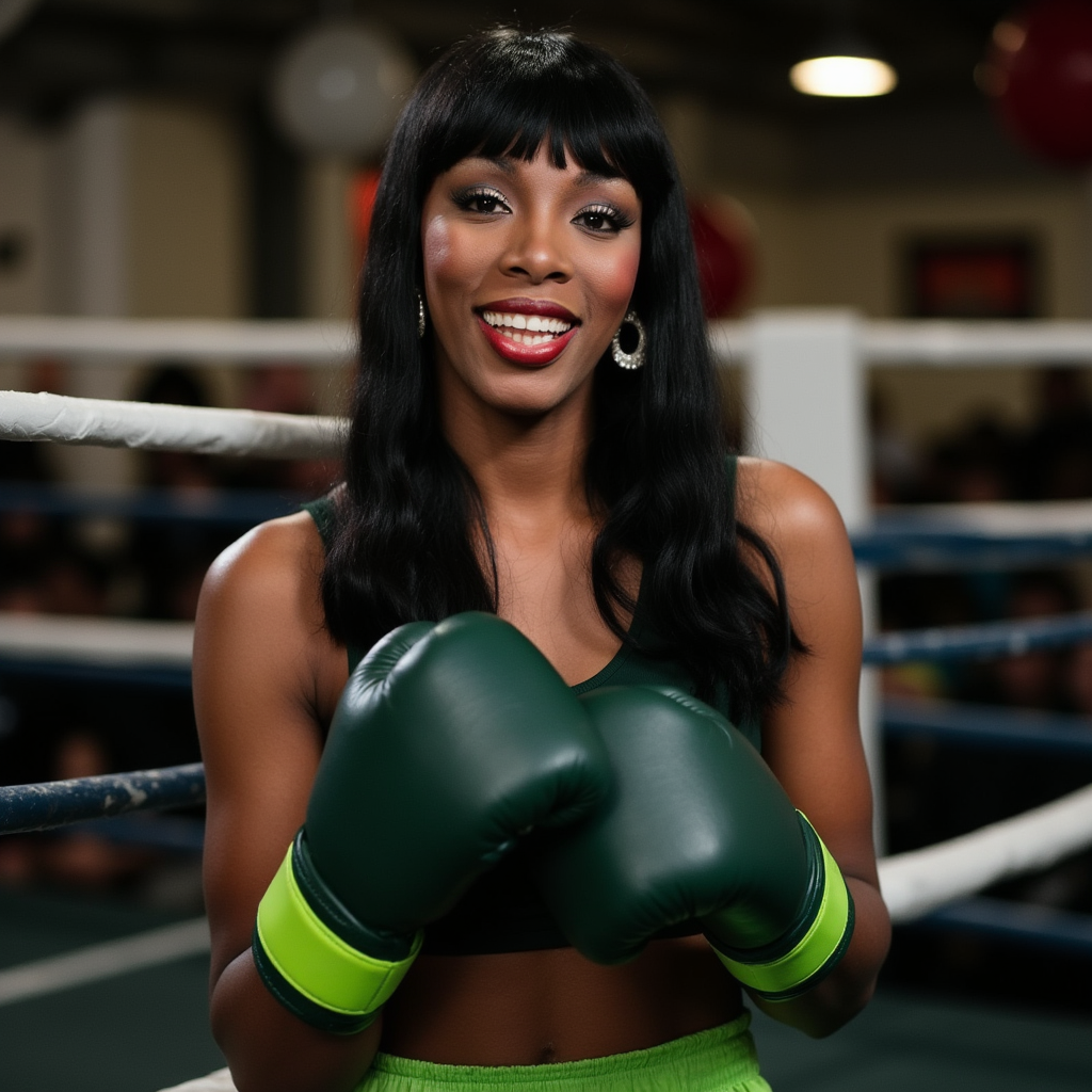 Donna Summer with straight long black hair and bangs, wearing earrings, wearing dark green tank top, wearing dark green boxing trunks with lime green trims, wearing dark green and lime green boxing gloves, wearing boxing shoes, boxing ring, smile, side profile photograph, realistic style, studio lighting, medium telephoto lens, high resolution, 8K detail, natural light, (sharp focus:1.2), (HDR:1.1).