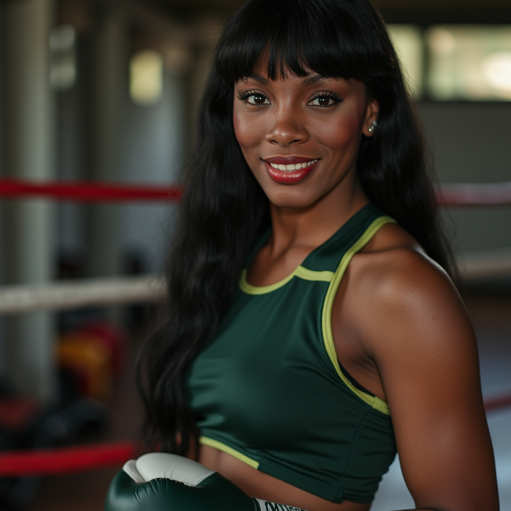 Donna Summer with straight long black hair and bangs, wearing earrings, wearing dark green tank top, wearing dark green boxing trunks with lime green trims, wearing dark green and lime green boxing gloves, wearing boxing shoes, boxing ring, smile, side profile photograph, realistic style, studio lighting, medium telephoto lens, high resolution, 8K detail, natural light, (sharp focus:1.2), (HDR:1.1).