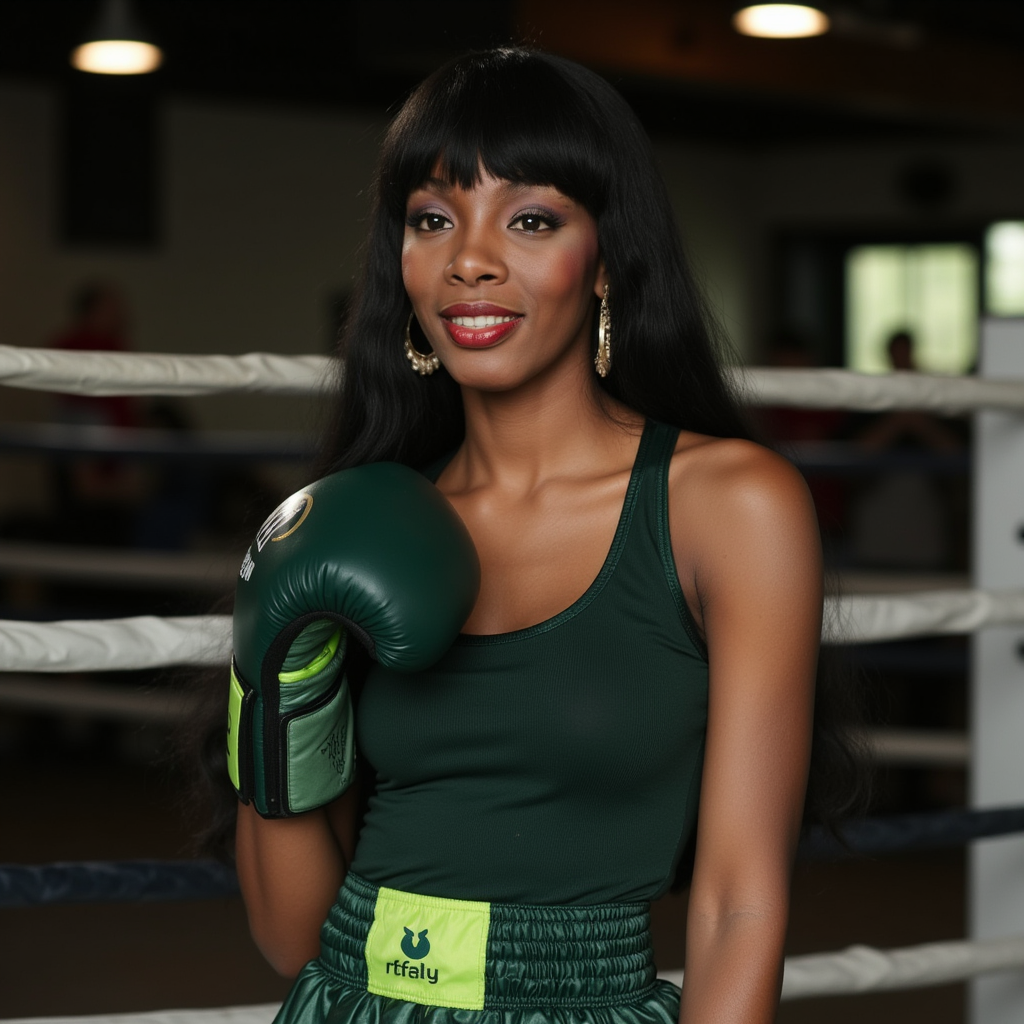 Donna Summer with straight long black hair and bangs, wearing earrings, wearing dark green tank top, wearing dark green boxing trunks with lime green trims, wearing dark green and lime green boxing gloves, wearing boxing shoes, boxing ring, smile, side profile photograph, realistic style, studio lighting, medium telephoto lens, high resolution, 8K detail, natural light, (sharp focus:1.2), (HDR:1.1).
