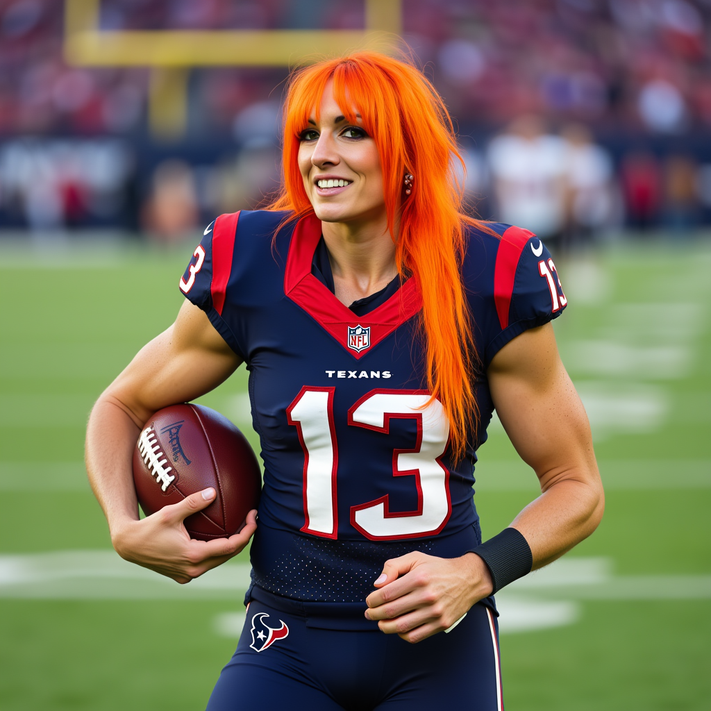 Becky Lynch with straight long orange hair and bangs, wearing earrings, wearing Houston Texans american football jersey "#13", wearing Houston Texans american football pants, wearing american football shoes, wearing american football gloves, holding a american football, american football stadium, smile, side profile photograph, realistic style, studio lighting, medium telephoto lens, high resolution, 8K detail, natural light, (sharp focus:1.2), (HDR:1.1)