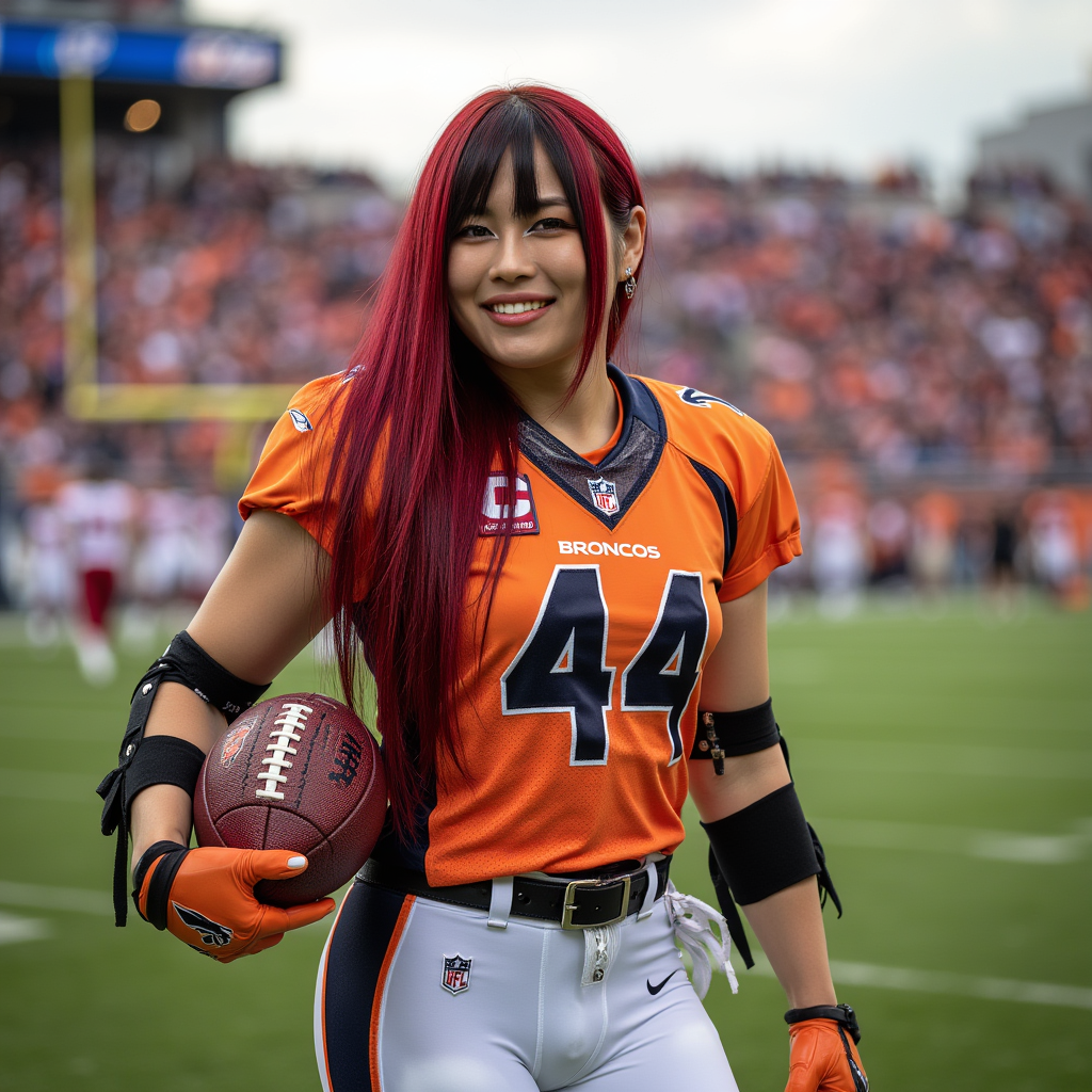 IYO SKY with straight long red hair and bangs, wearing earrings, wearing Denver Broncos american football jersey "#44", wearing Denver Broncos american football pants, wearing american football shoes, wearing american football gloves, holding a american football, american football stadium, smile, side profile photograph, realistic style, studio lighting, medium telephoto lens, high resolution, 8K detail, natural light, (sharp focus:1.2), (HDR:1.1)