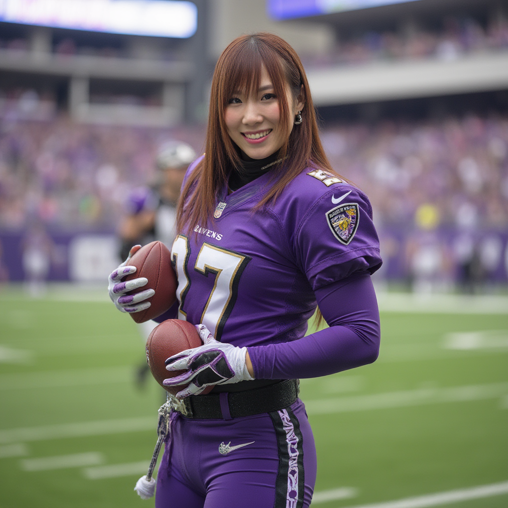 Kairi Sane with straight long hair and bangs, wearing earrings, wearing Baltimore Ravens american football jersey "#27", wearing Baltimore Ravens american football pants, wearing american football shoes, wearing american football gloves, holding a american football, american football stadium, smile, side profile photograph, realistic style, studio lighting, medium telephoto lens, high resolution, 8K detail, natural light, (sharp focus:1.2), (HDR:1.1)