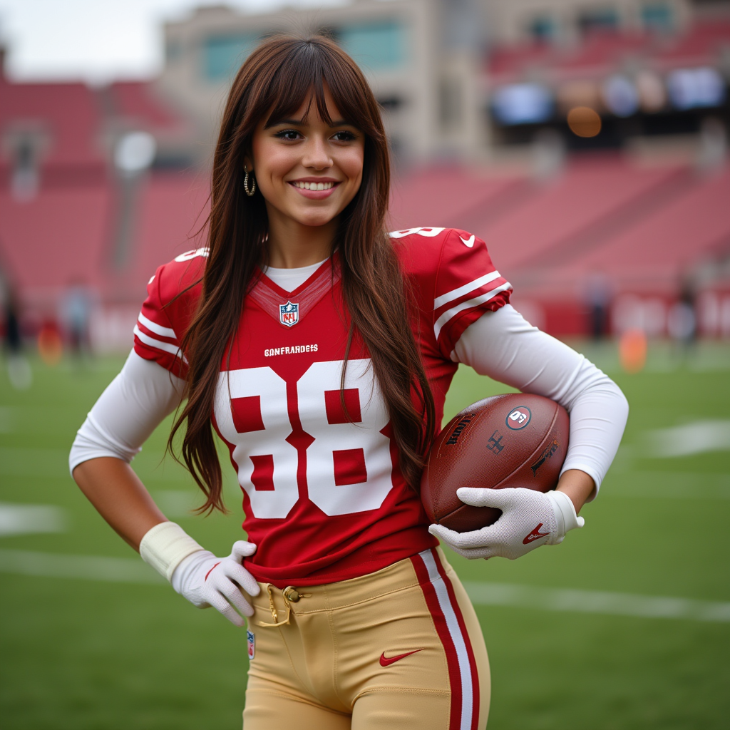 Jenna Ortega with straight long hair and bangs, wearing earrings, wearing San Francisco 49ers american football jersey "#88", wearing San Francisco 49ers american football pants, wearing american football shoes, wearing american football gloves, holding a american football, american football stadium, smile, side profile photograph, realistic style, studio lighting, medium telephoto lens, high resolution, 8K detail, natural light, (sharp focus:1.2), (HDR:1.1)