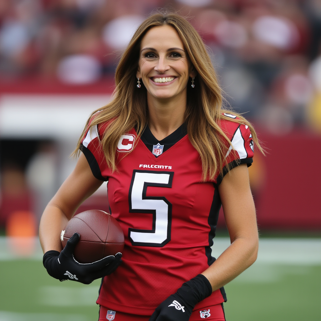 Julia Roberts with straight long hair, wearing earrings, wearing Atlanta Falcons american football jersey "#5", wearing Atlanta Falcons american football pants, wearing american football shoes, wearing american football gloves, holding a american football, american football stadium, smile, side profile photograph, realistic style, studio lighting, medium telephoto lens, high resolution, 8K detail, natural light, (sharp focus:1.2), (HDR:1.1)