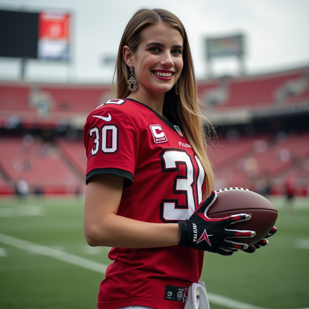 Emma Roberts with straight long hair, wearing earrings, wearing Atlanta Falcons american football jersey "#30", wearing Atlanta Falcons american football pants, wearing american football shoes, wearing american football gloves, holding a american football, american football stadium, smile, side profile photograph, realistic style, studio lighting, medium telephoto lens, high resolution, 8K detail, natural light, (sharp focus:1.2), (HDR:1.1)