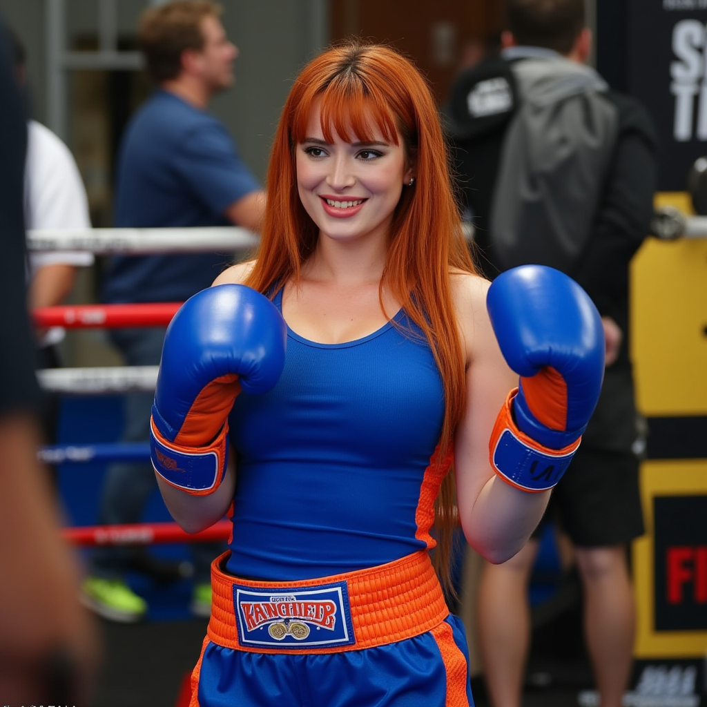 Bella Thorne with straight long red hair and bangs, wearing earrings, wearing blue tank top, wearing blue boxing trunks with orange trims, wearing blue and orange boxing gloves, wearing boxing shoes, boxing ring, smile, side profile photograph, realistic style, studio lighting, medium telephoto lens, high resolution, 8K detail, natural light, (sharp focus:1.2), (HDR:1.1).
