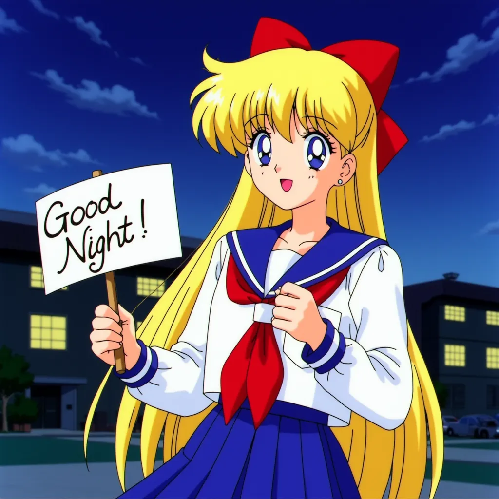 Side Shot, Minako Aino with long, straight blonde hair, with a big red bow behind her hair, reflecting her role as a Japanese Civilian. She has blue eyes. She is wearing her iconic Shiba Koe Junior High School uniform, consisting of a blue sailor collar, big chest, red handkerchief bow, long sleeved white shirt and a short pleated blue skirt, in the style of Ranma 1/2 (2024), Japanese Junior High School background at night. She is very happy while holding a white sign with her hands saying "Good Night!"