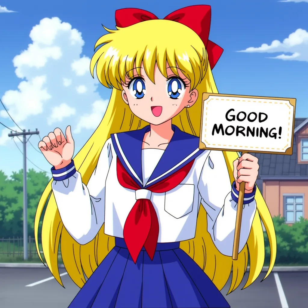 Side Shot, Minako Aino with long, straight blonde hair, with a big red bow behind her hair, reflecting her role as a Japanese Civilian. She has blue eyes. She is wearing her iconic Shiba Koe Junior High School uniform, consisting of a blue sailor collar, big chest, red handkerchief bow, long sleeved white shirt and a short pleated blue skirt, in the style of Sailor Moon (1992), Japanese Junior High School background at morning. She is very happy while holding a white sign with her hands saying "Good Morning!"