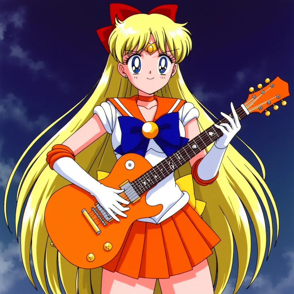 Sailor Venus with long, straight blonde hair, with a big red bow behind her hair, reflecting her role as a Sailor Scout. She is wearing her iconic Sailor Scout uniform, consisting of an orange and white sailor-style dress with a large blue bow at the front, orange trim, and white gloves with orange cuffs. She has an orange gem on her yellow tiara on her forehead. She also has a yellow bow on her bottom, has an orange choker,  a short pleated orange skirt and a crescent moon symbol on her forehead, signifying her transformation into a Sailor Scout, in the style of Sailor Moon R (1993), Japanese Indoor Concert Stage. She is smiling happily, has her eyes closed sweetly and playing the orange electric guitar.