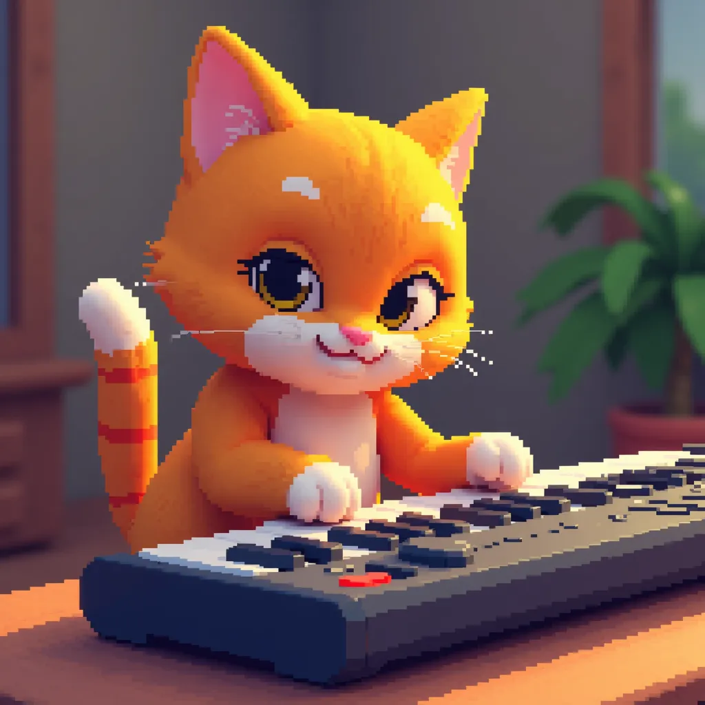 orange Keyboard cat playing keyboard piano in pixel 3D furry style