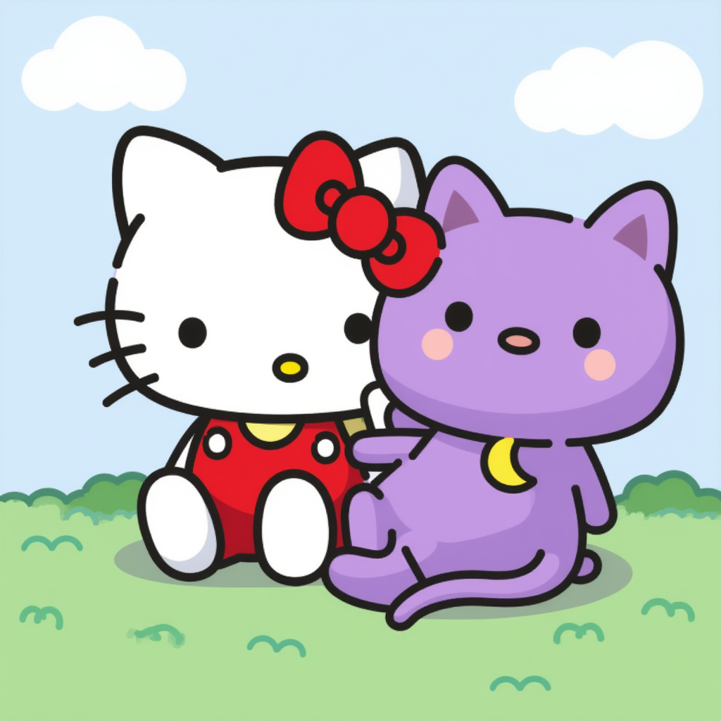 Hello kitty and a purple cat with I crescent moon nacklace(aka CatNap)