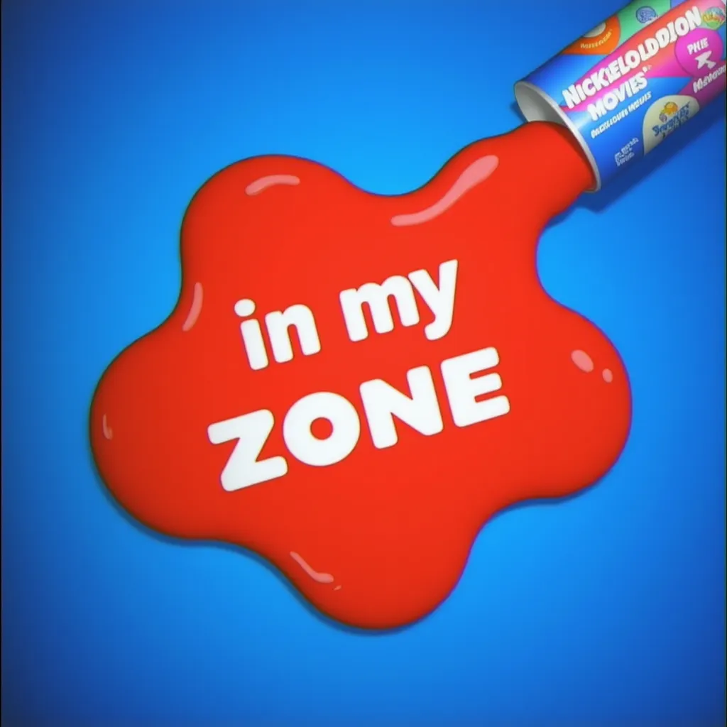 Nickelodeon Movies logo featuring red slime spilling from a tube onto a vibrant blue background, with the words "in my zone" in white letters on the slime. 