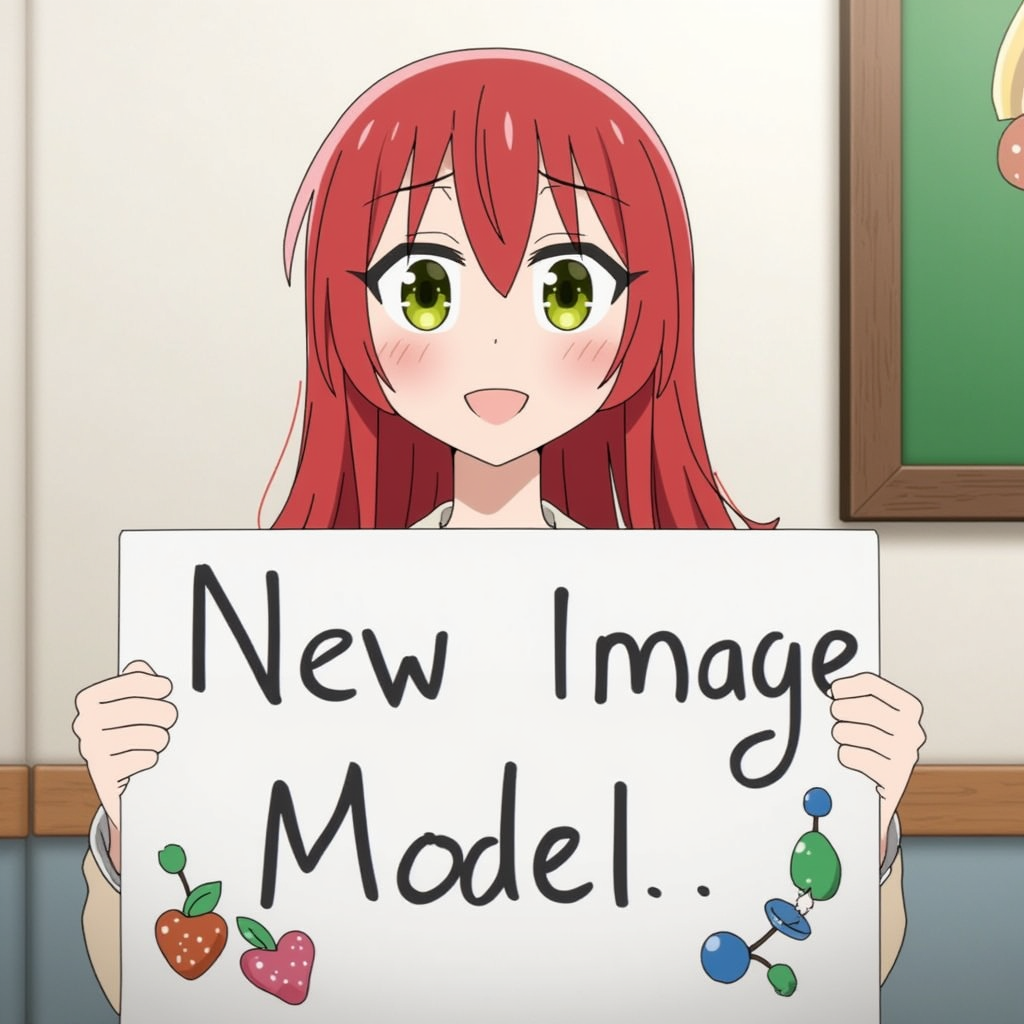 Ikuyo Kita from the anime show Bocchi the Rock holding a sign that reads: New Image Model
